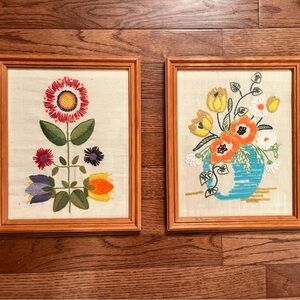 Framed Vintage Floral Crewel Embroideries